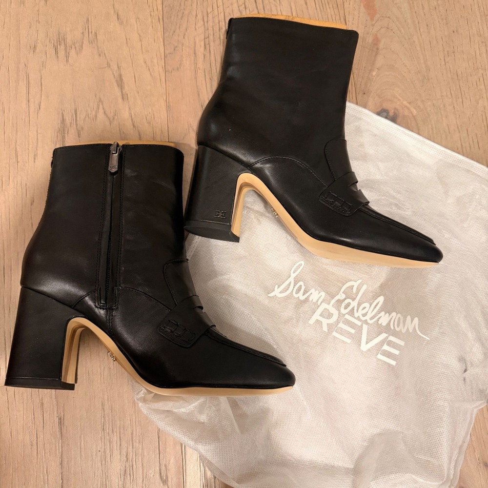 Sam Edelman Fenna Black Leather Square Toe Block Heeled Ankle Boots Size 7